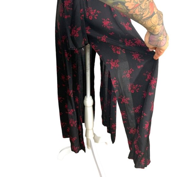 Vintage 90s Black Red Long Sleeve Button Up High Slit Long Top Large - Picture 2 of 10